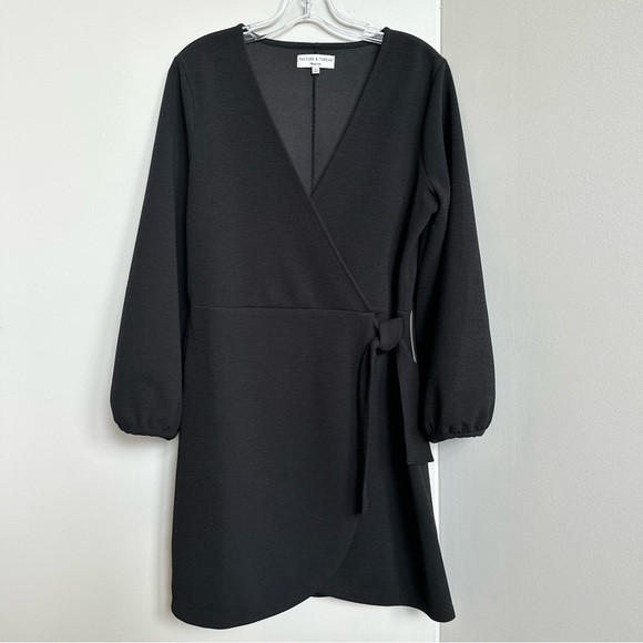 Madewell Texture & Thread Mini Dress Faux Wrap Side Tie Stretch Knit Black LBD - Picture 2 of 9